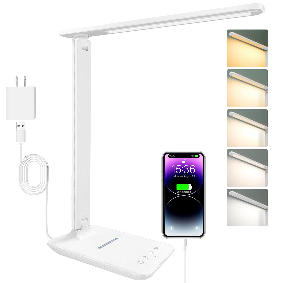 White Crown LED Desk Lamp front view with wireless charger for convenient charging.