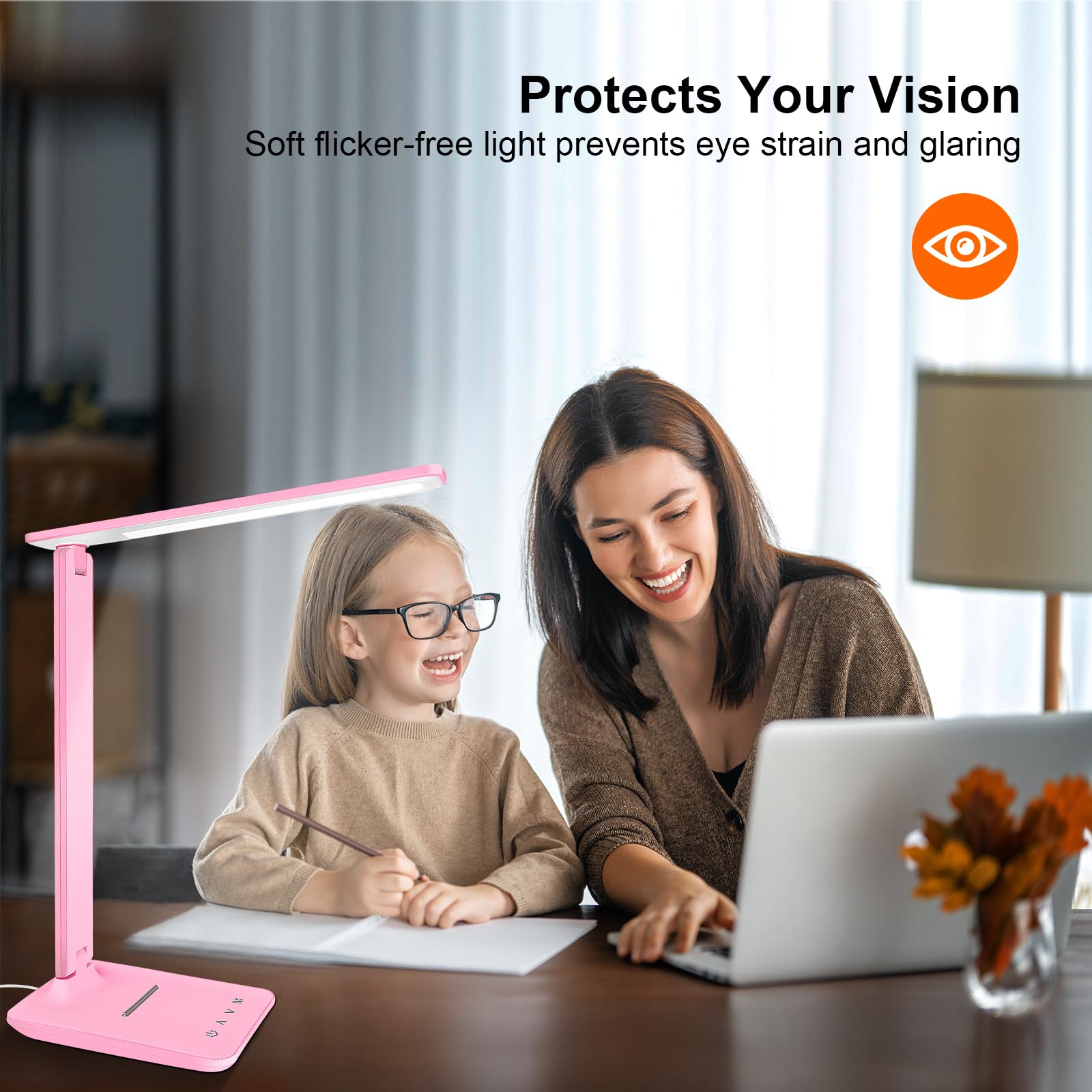 White crown LED desk lamp pink aluminum body highlights durable, energy-efficient design
