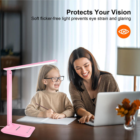 White crown LED desk lamp pink aluminum body highlights durable, energy-efficient design