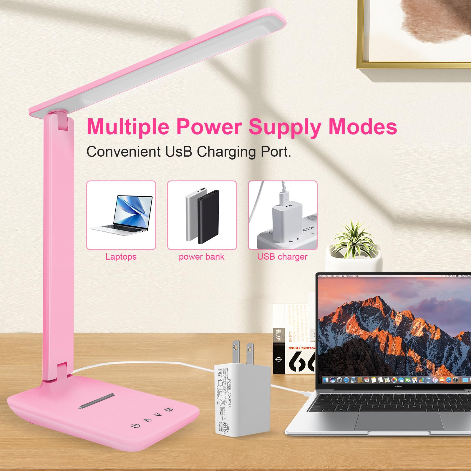 White crown LED desk lamp pink USB-port view for convenient device charging