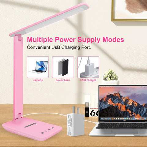 White crown LED desk lamp pink USB-port view for convenient device charging