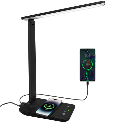 White Crown LED desk lamp front view with wireless charger for power