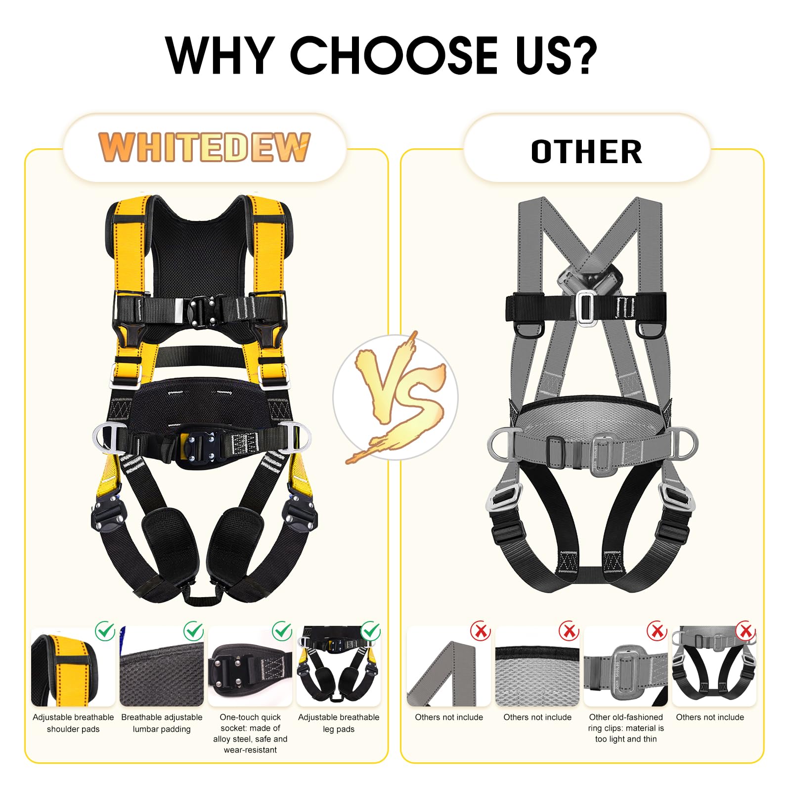 WHITEDEW shock-absorbing lanyard reduces impact during transitions.