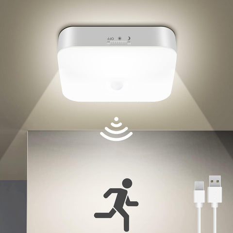 WhitePoplar rechargeable motion sensor ceiling light illuminates rooms without wiring.