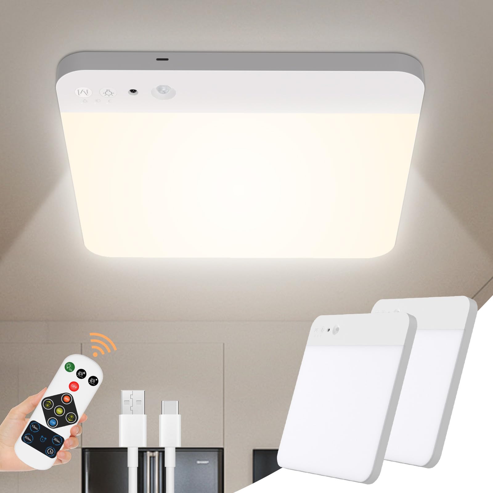 WhitePoplar rechargeable motion sensor light with remote for effortless ceiling mounting.