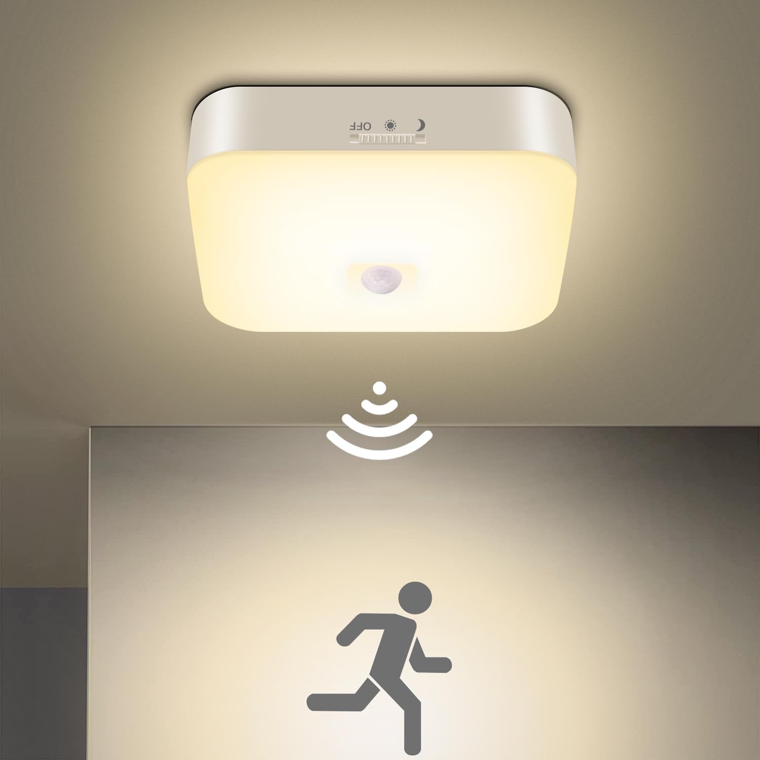 WhitePoplar wireless motion sensor light mounted in ceiling for convenient hands-free lighting.