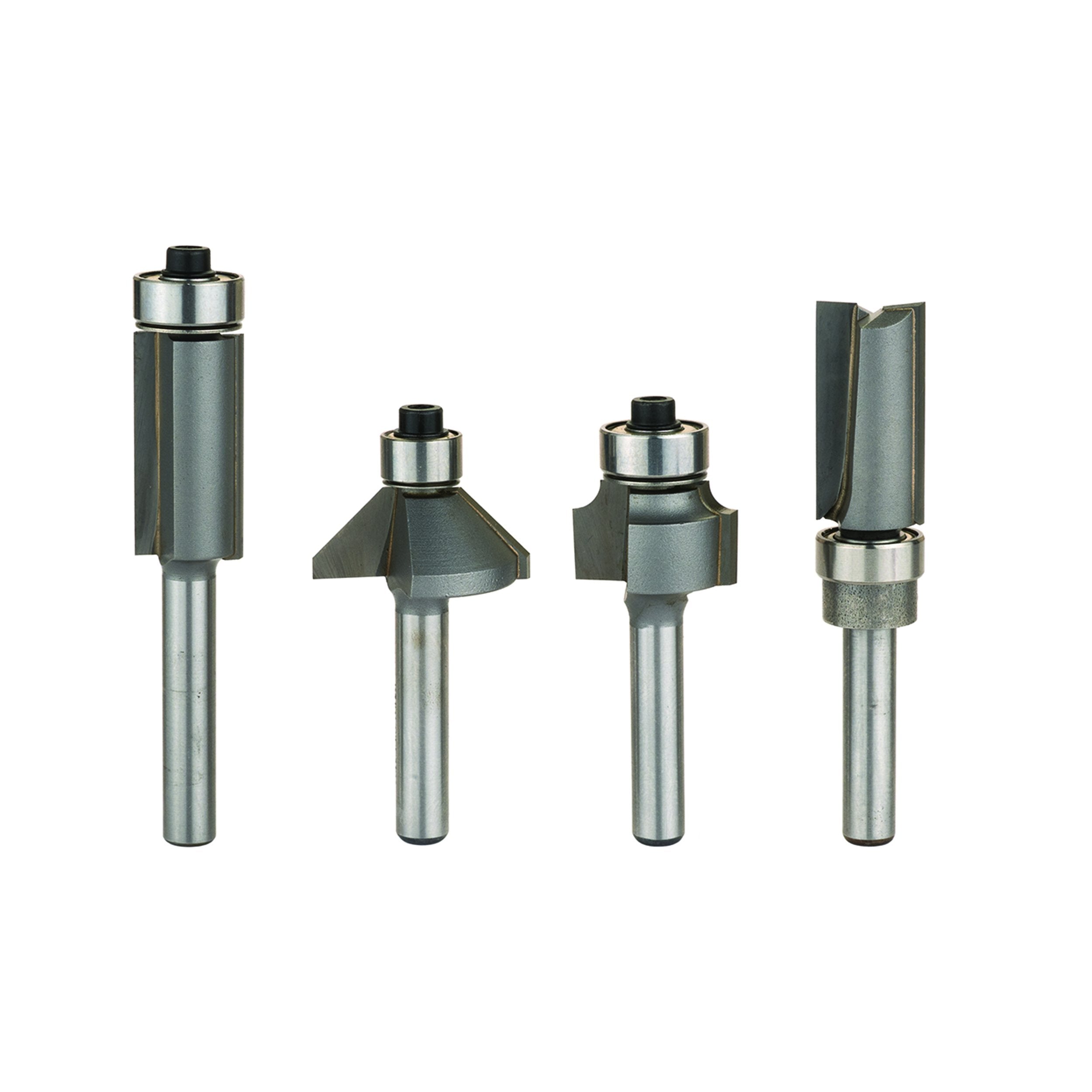 Whiteside 404 4-piece compact router bit set in plastic box, ideal starter kit for 1/4-inch shank routers.