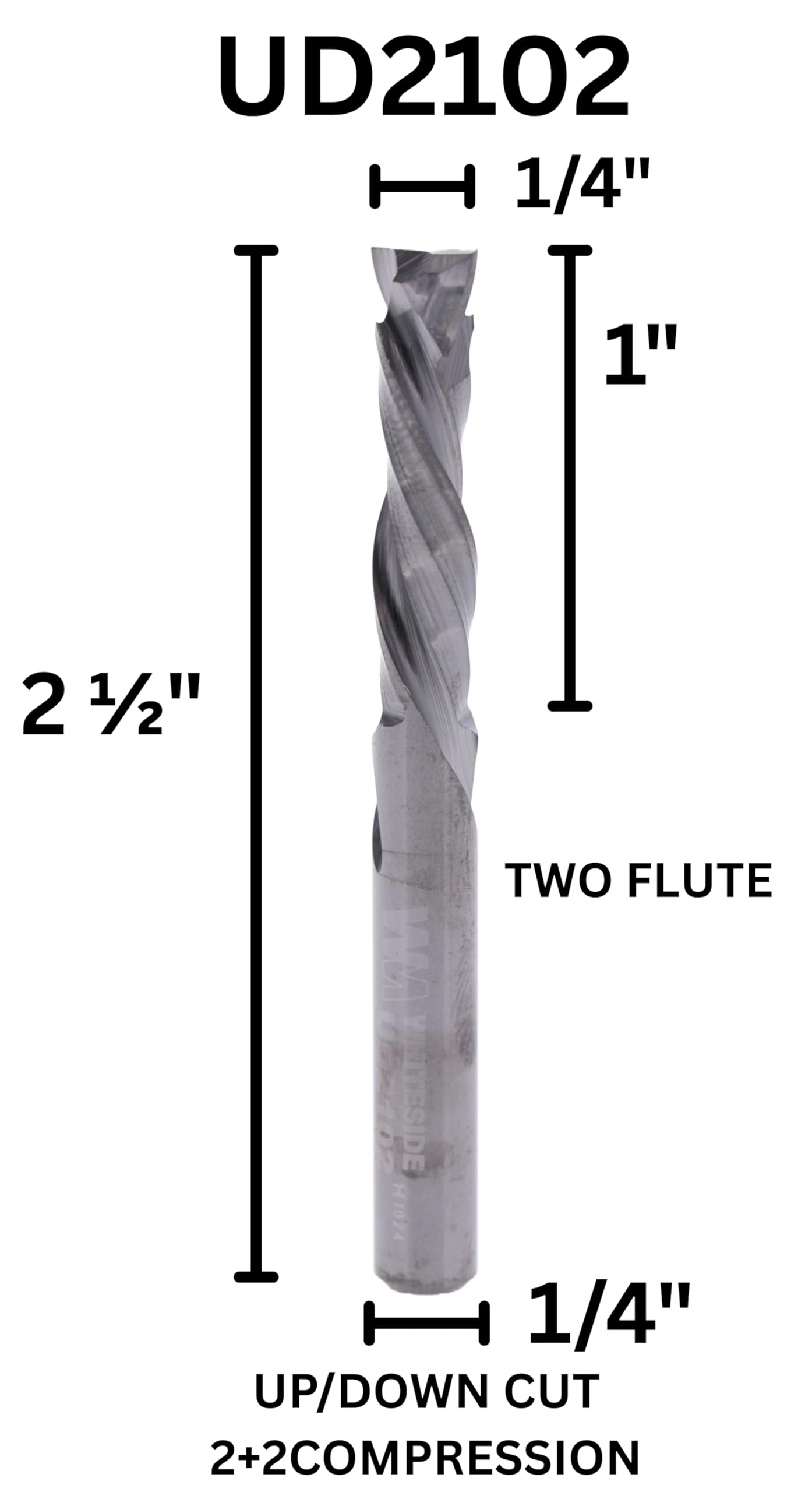 Whiteside UD2102 solid carbide compression bit delivers precise edge finish.