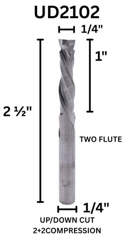 Whiteside UD2102 solid carbide compression bit delivers precise edge finish.
