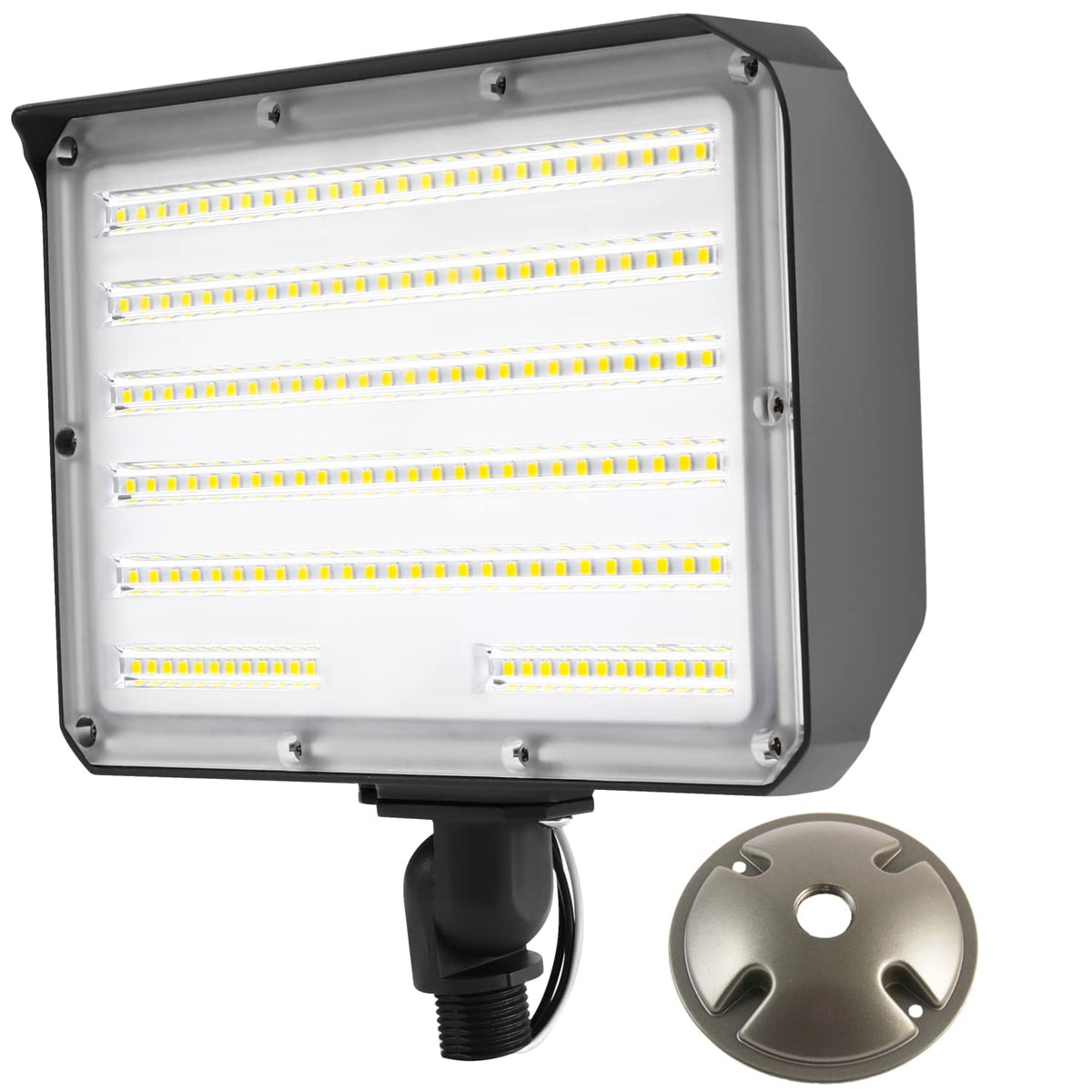 WHLED dusk-to-dawn 100W flood light with knuckle mount for flexible outdoor lighting.