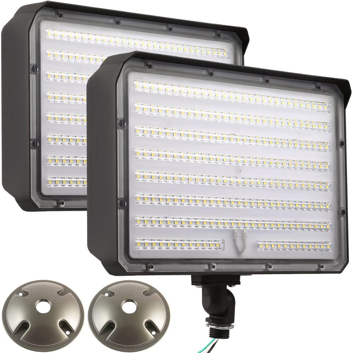 WHLED dusk-to-dawn 150W flood light with knuckle mount for flexible outdoor mounting.