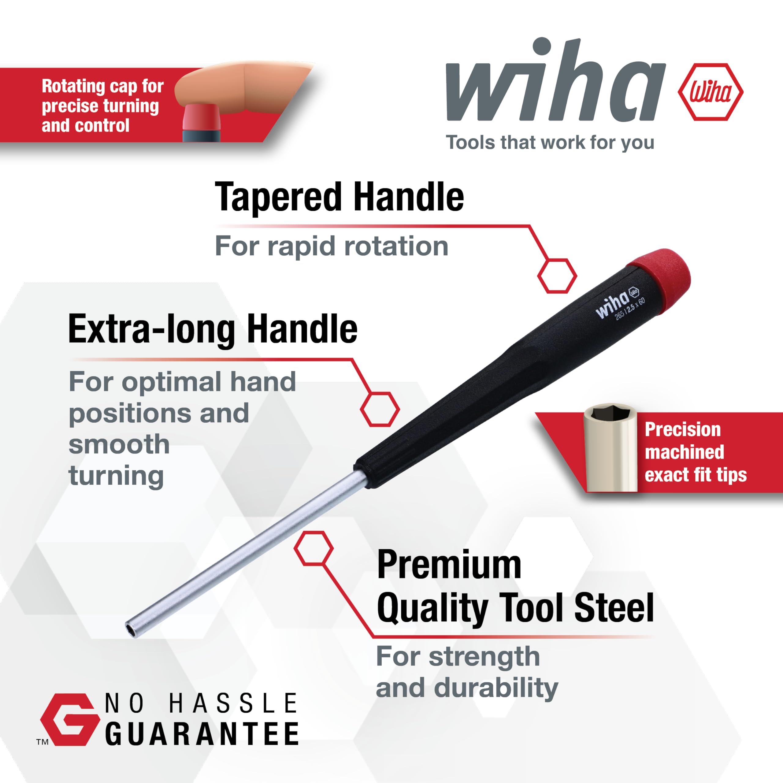 Wiha 26591 handle closeup shows rotating cap for precise turning.