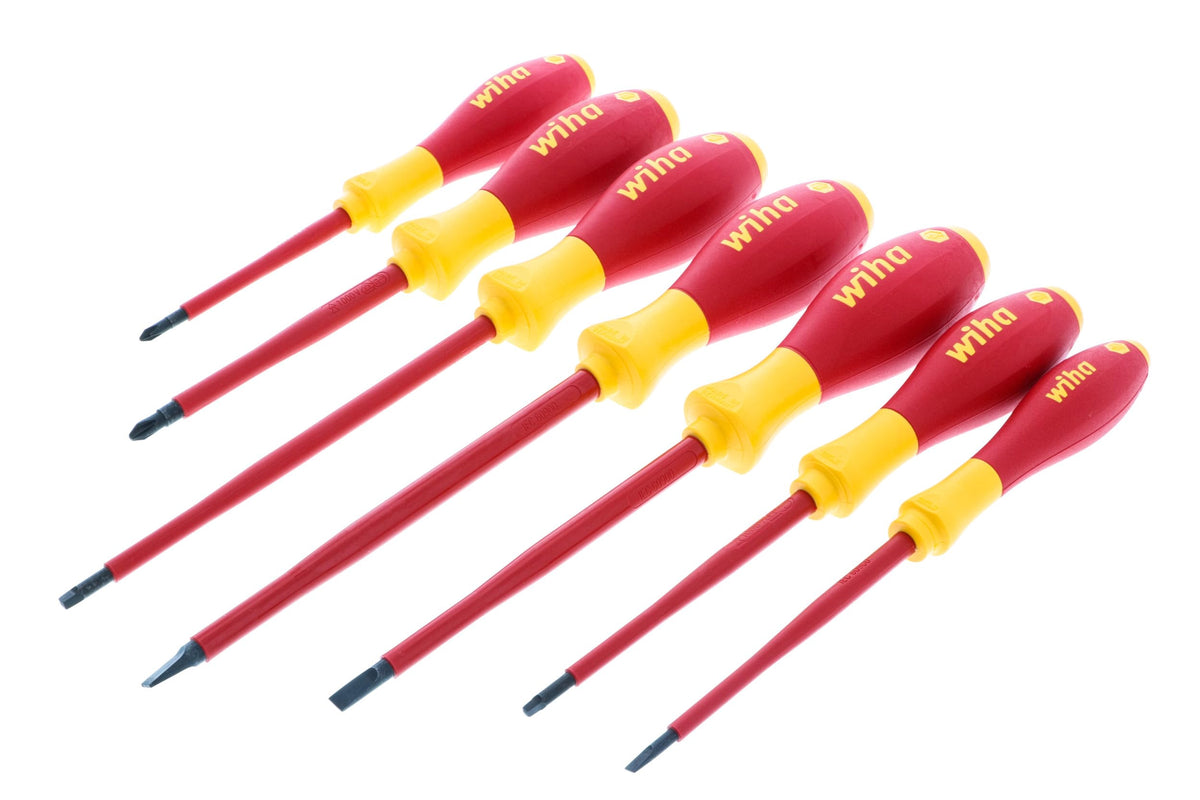 Wiha 32097 seven-piece insulated screwdriver set shown in a case, ideal for safe assembly tasks.