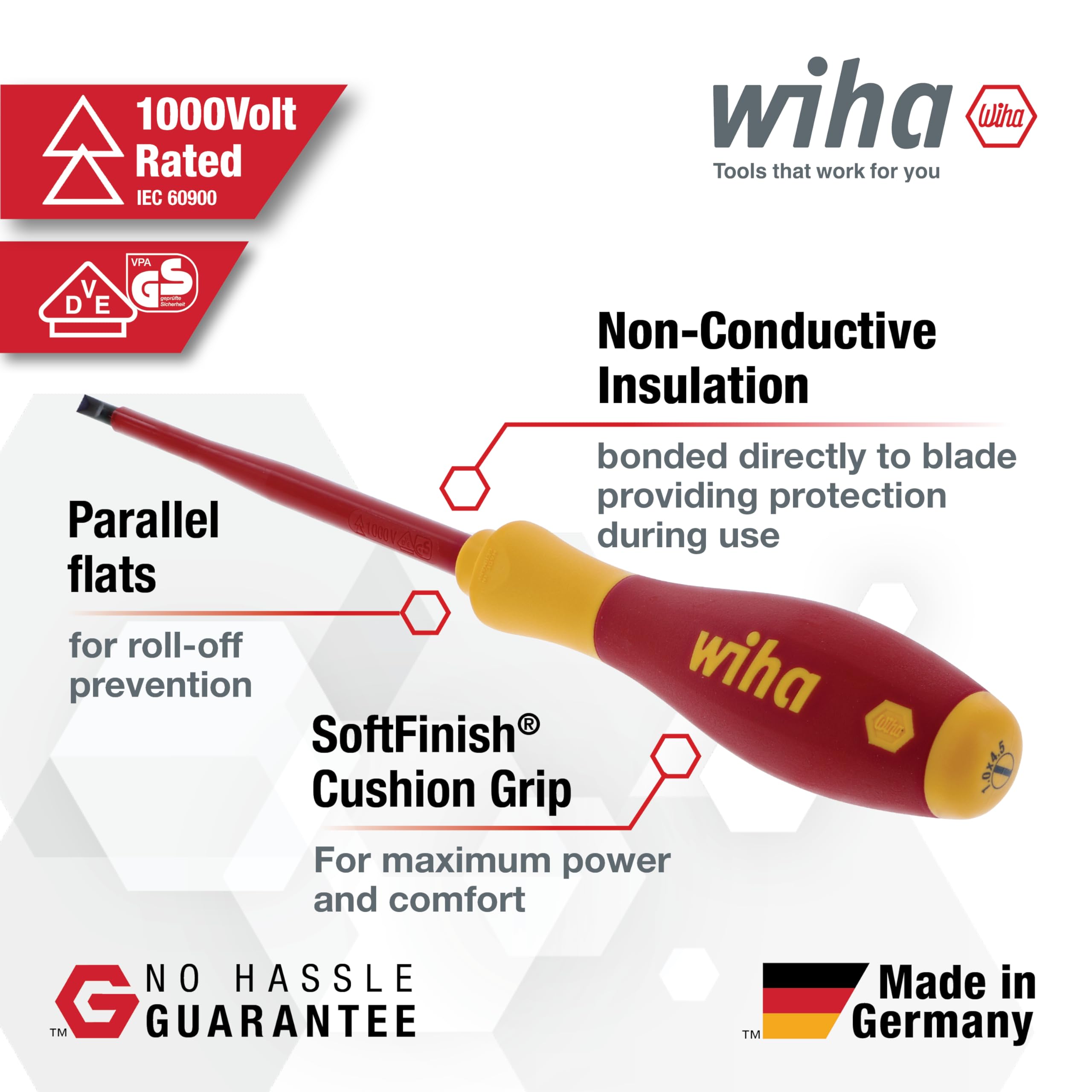 Wiha 32097 slotted 5.5 mm driver allows versatile fastener engagement.