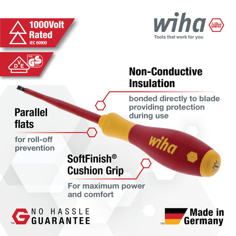 Wiha 32097 slotted 5.5 mm driver allows versatile fastener engagement.