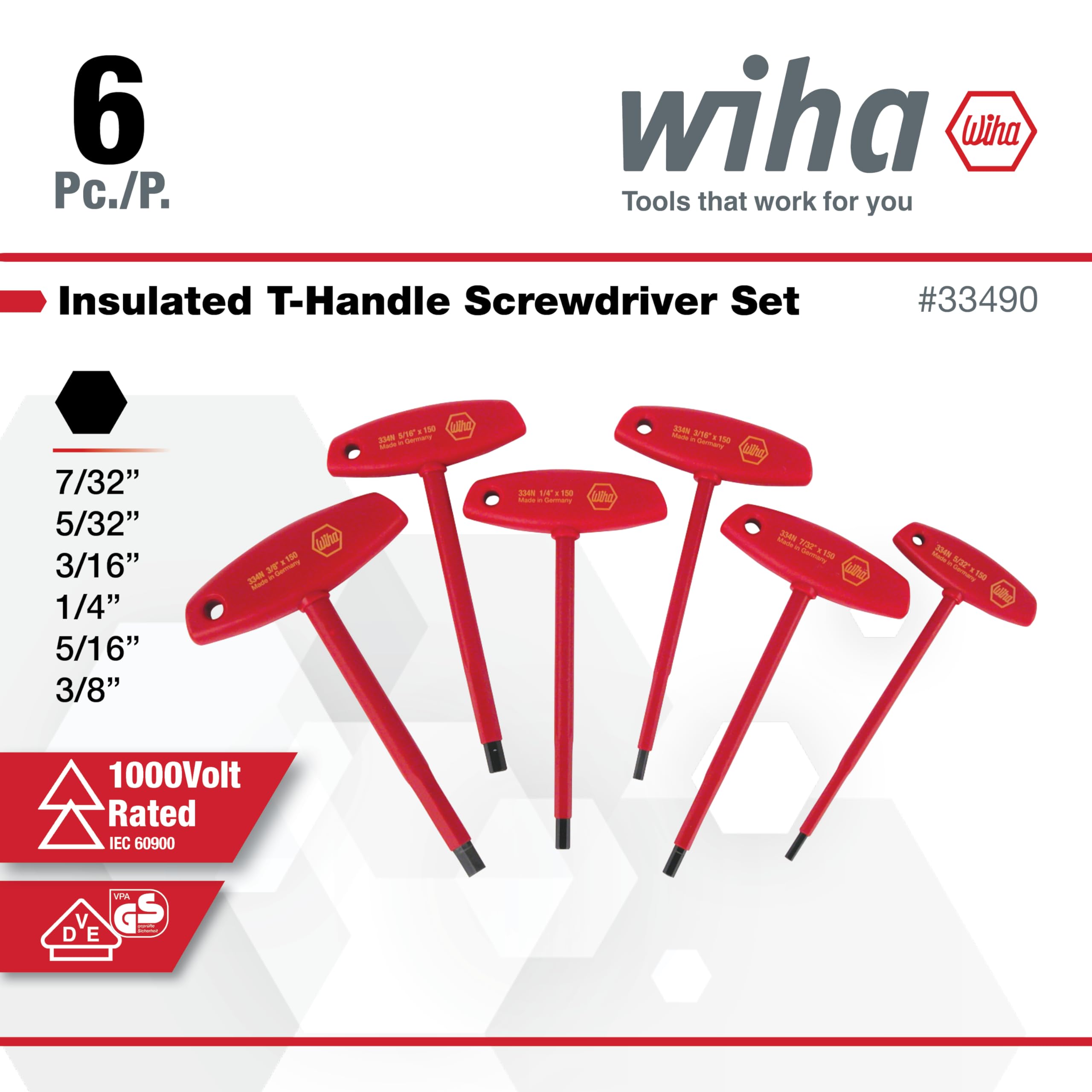 Wiha 33490 insulated T-handle hex set full view highlighting six sizes.