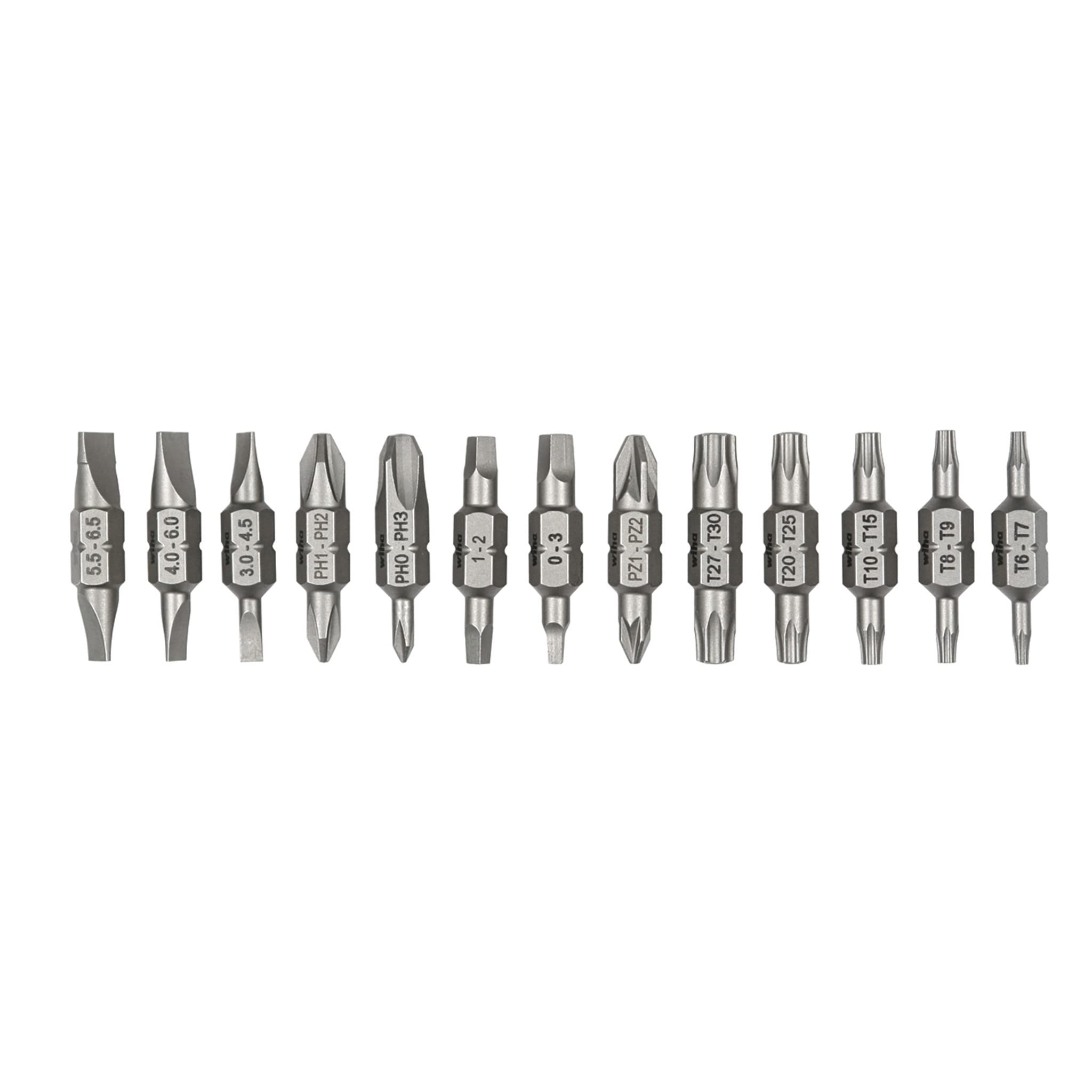 Wiha double-end insert bit reload set 13pc close-up highlighting precise machining for secure fits.