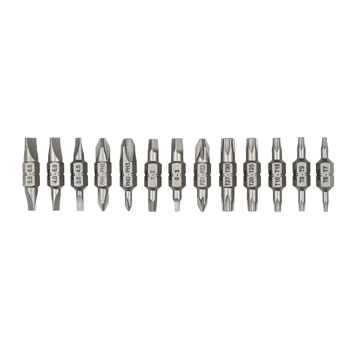 Wiha double-end insert bit reload set 13pc close-up highlighting precise machining for secure fits.