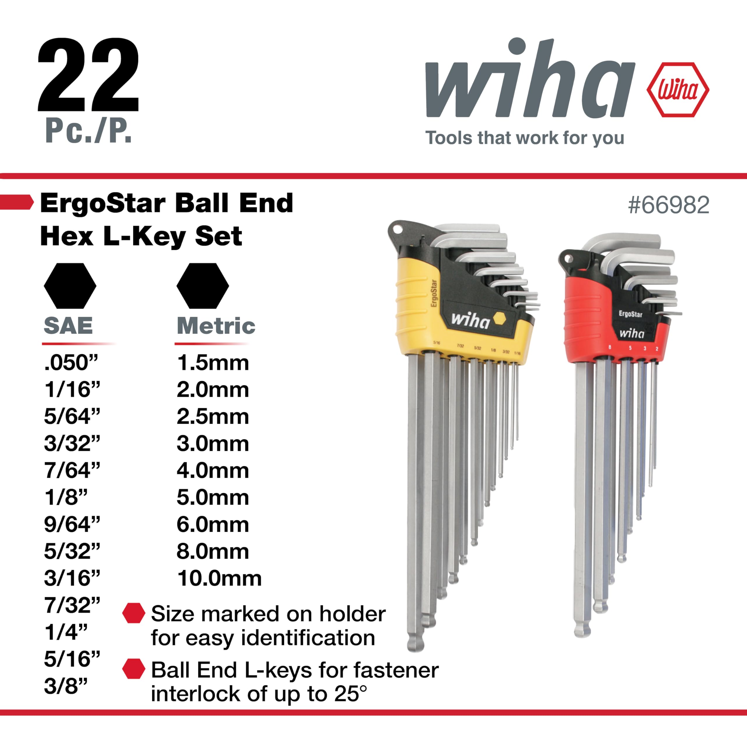 Chamfered-end tips on Wiha ErgoStar L-keys reduce cam-out during engagement.