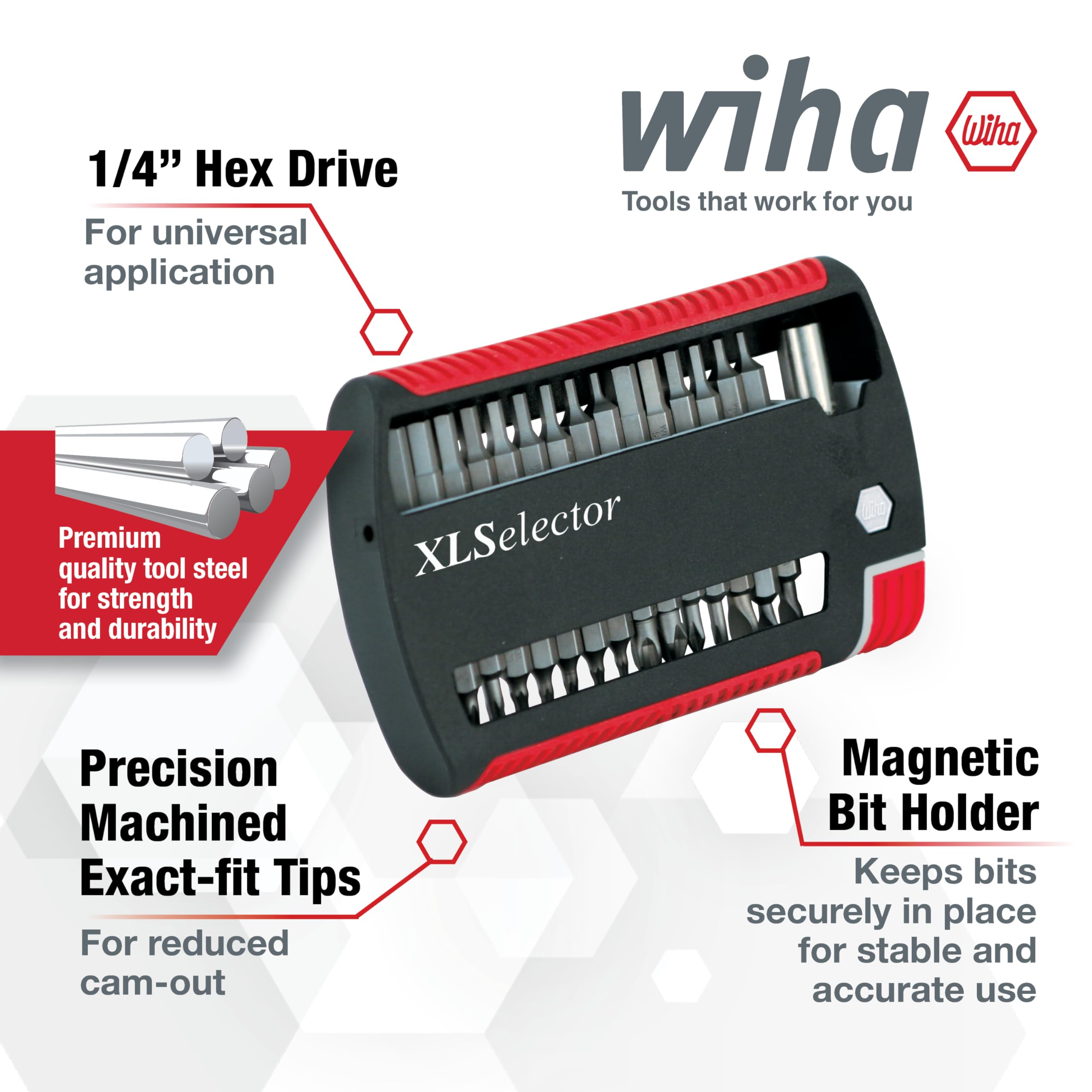 Wiha XLSelector magnetic bit holder keeps bits organized and ready for quick projects.
