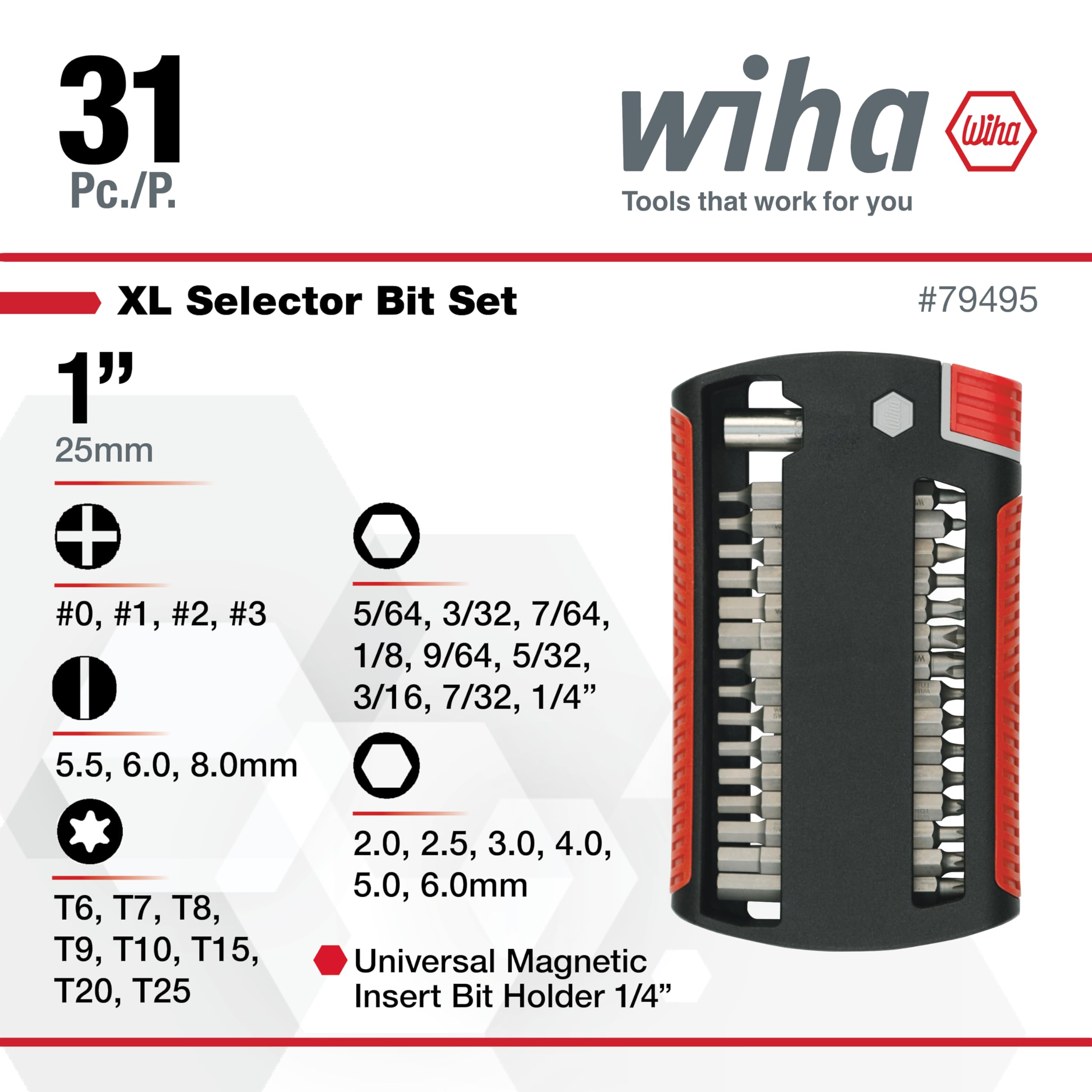 Wiha XLSelector storage case neatly stores all 31 bits for on-site use.