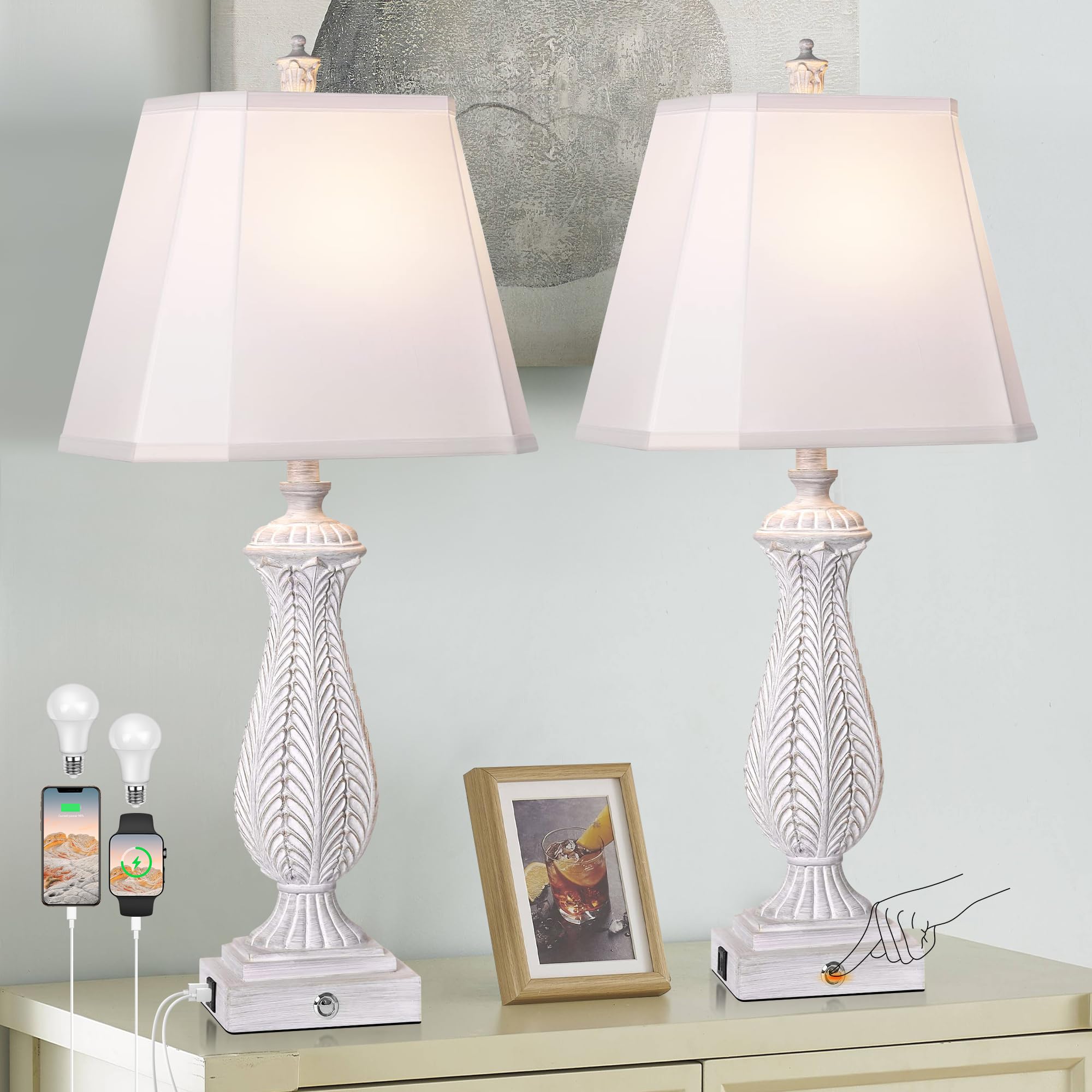 WIHTU 3-Way Lamp on nightstand with USB-C port for convenient device charging