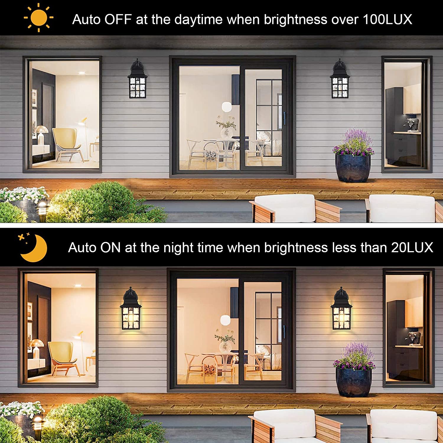 WIHTU dusk-to-dawn wall light with tempered shade emits soft, glare-free glow