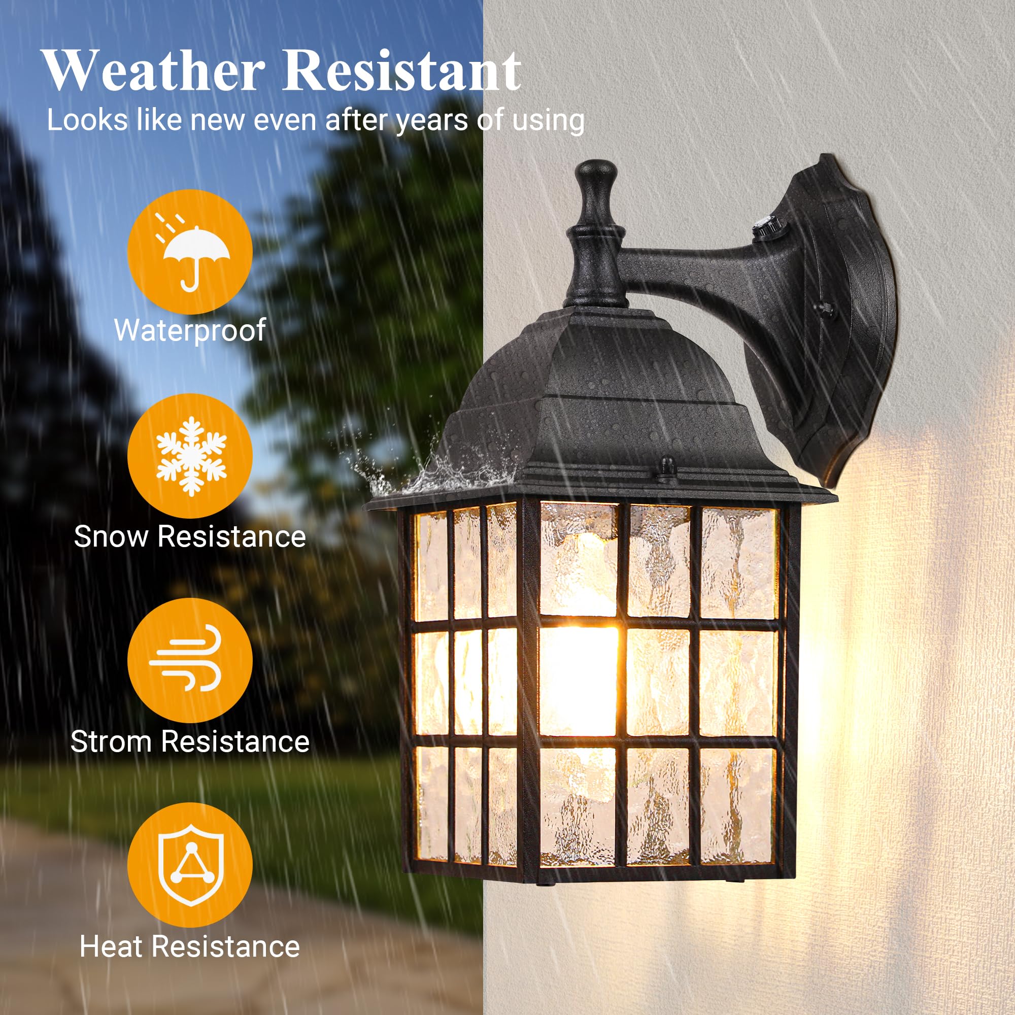 WIHTU dusk-to-dawn wall light in black waterproof finish protects entry from rain