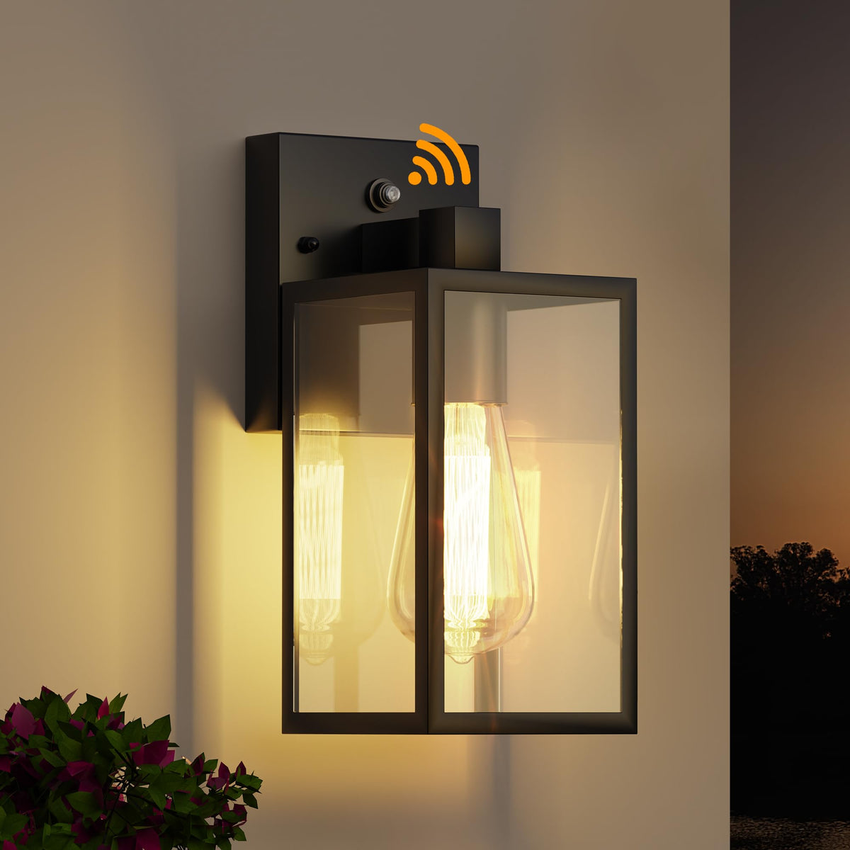 WIHTU dusk-to-dawn wall sconce on front porch provides a welcoming glow.