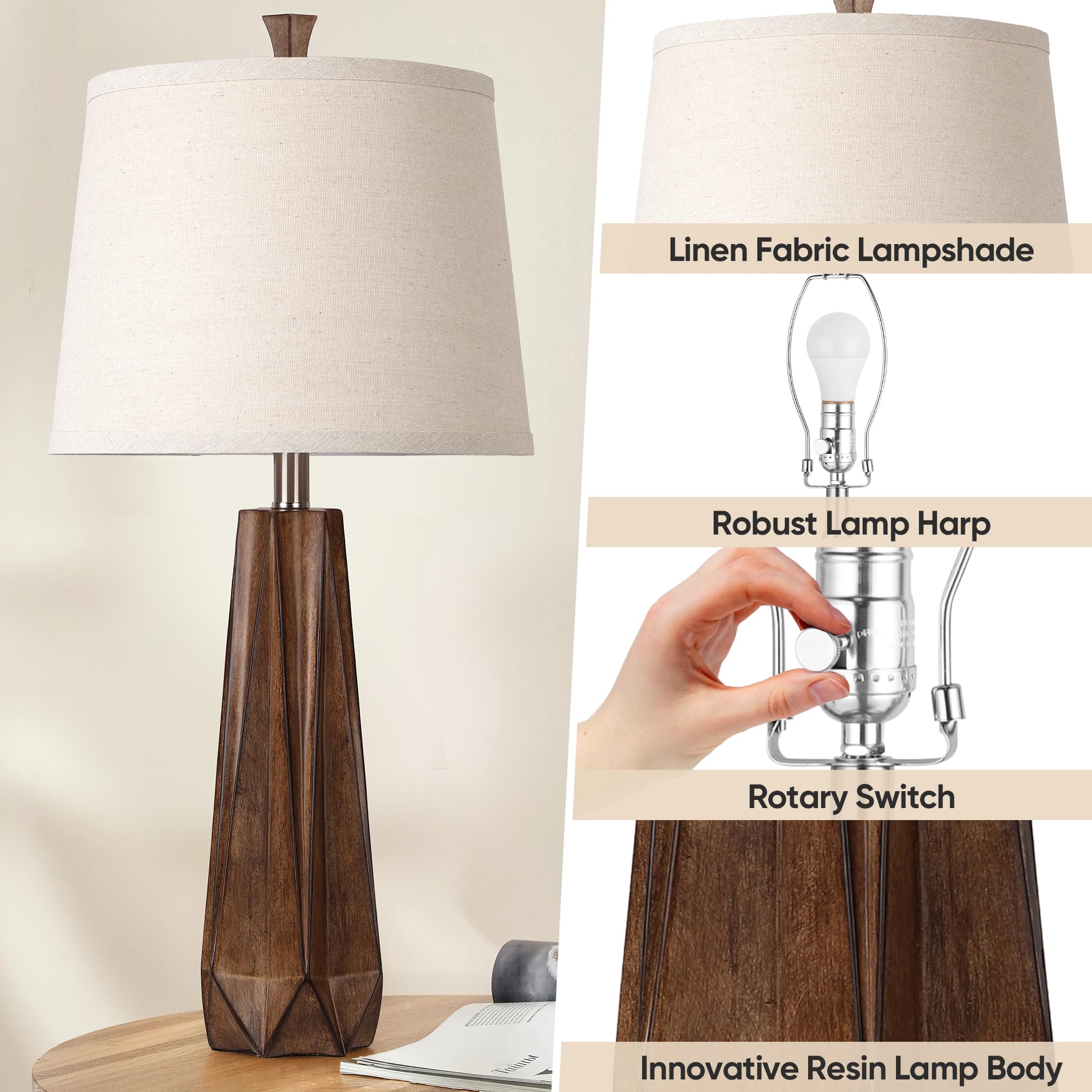 WIHTU linen shade bedside lamp with soft glow and eye comfort