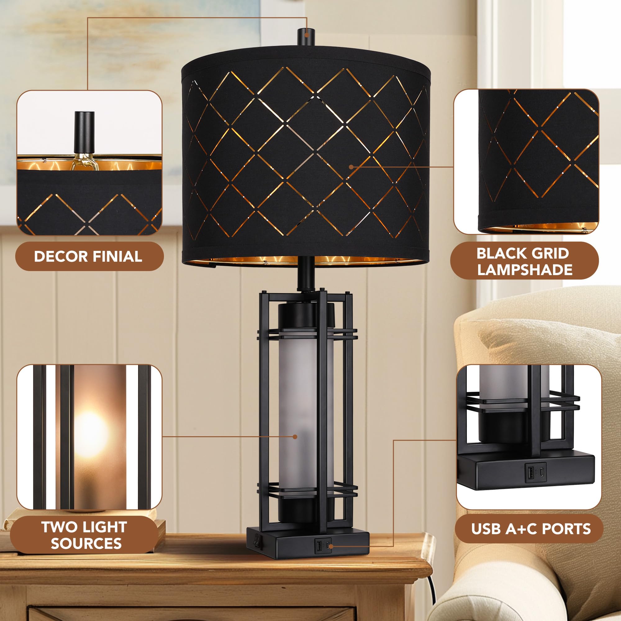 WIHTU lamp showing USB dual ports for convenient device charging