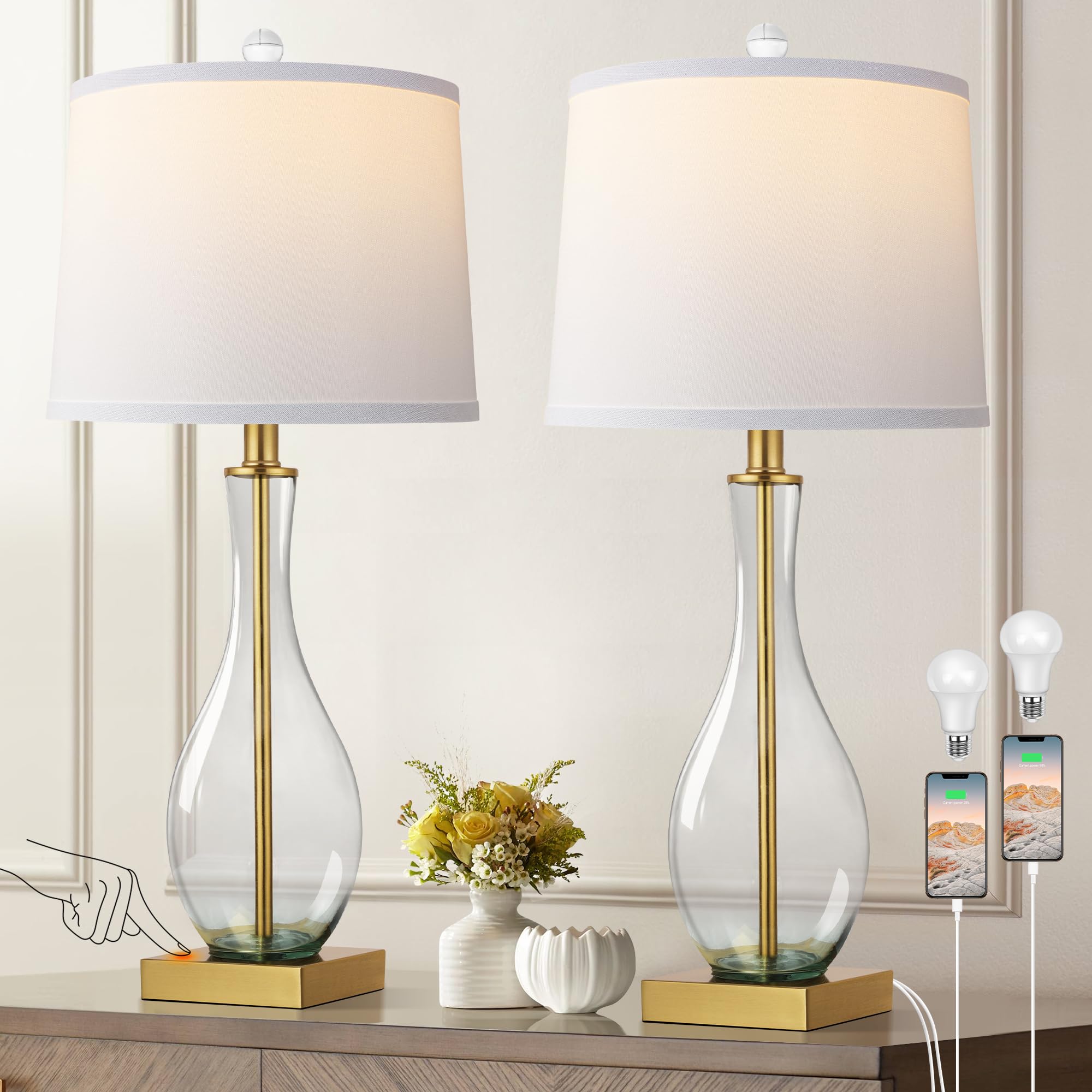 WIHTU table lamps 2-pack with glass gradient base for stylish nightstand lighting.