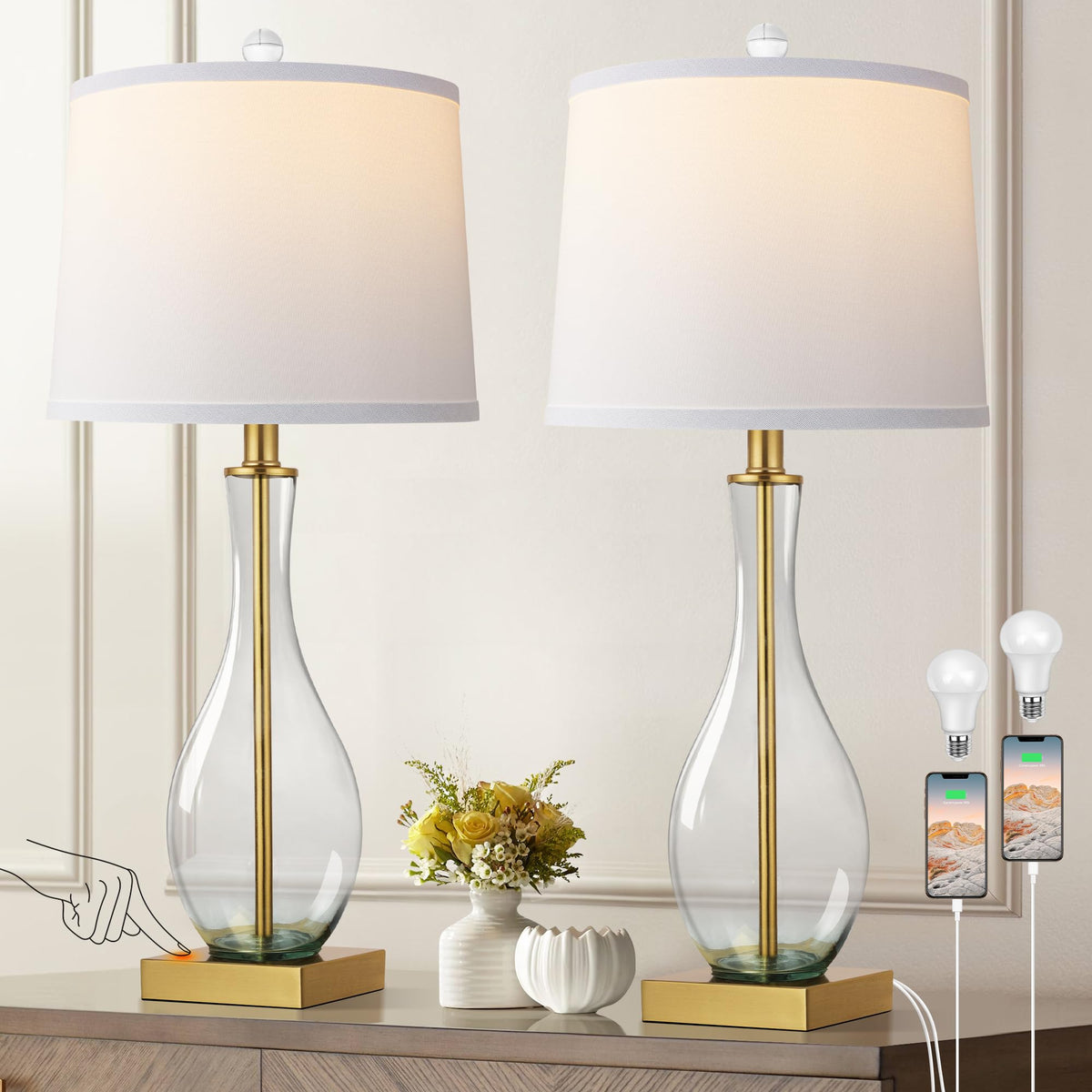 WIHTU table lamps 2-pack with glass gradient base for stylish nightstand lighting.