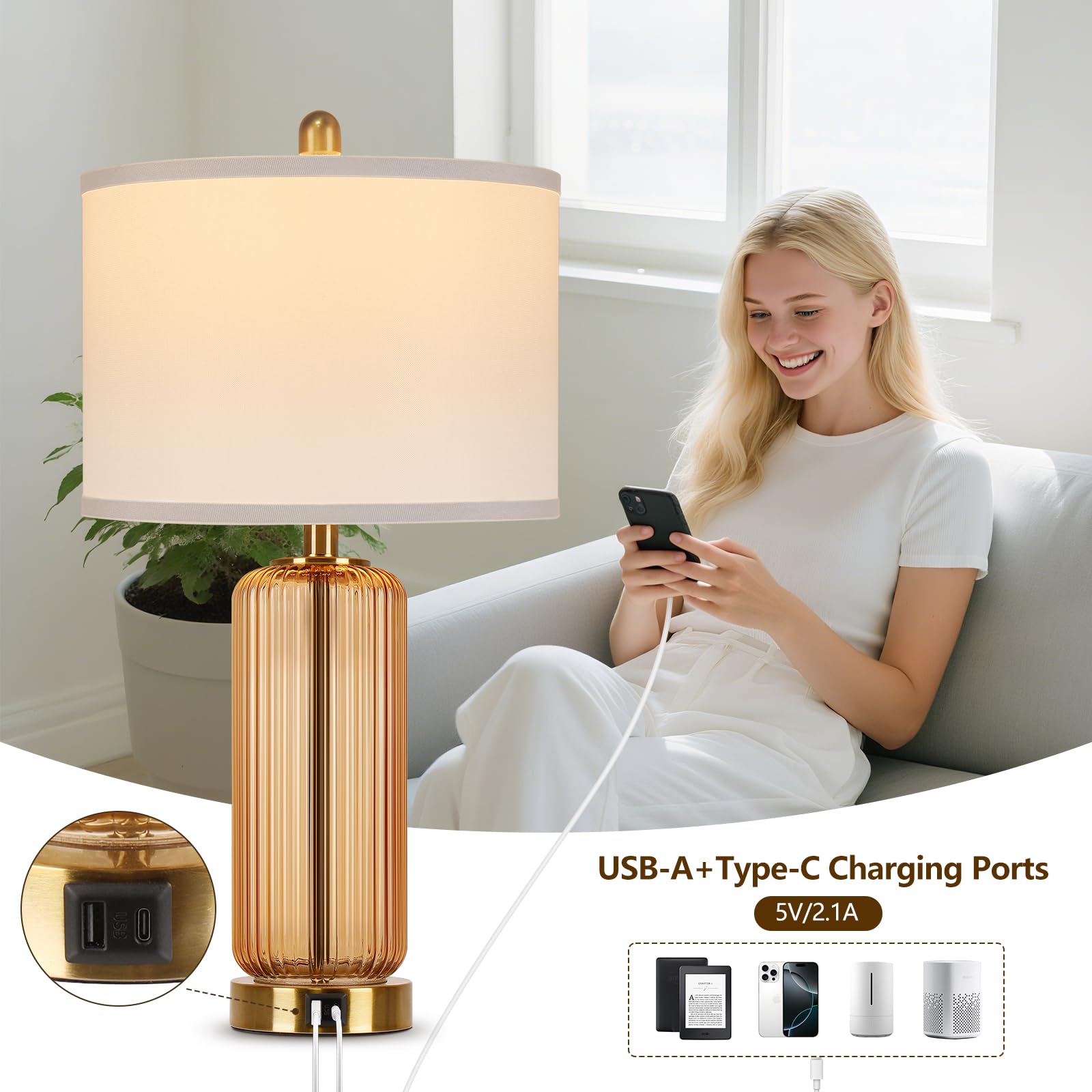 WIHTU lamps with USB C and USB A ports for easy device charging