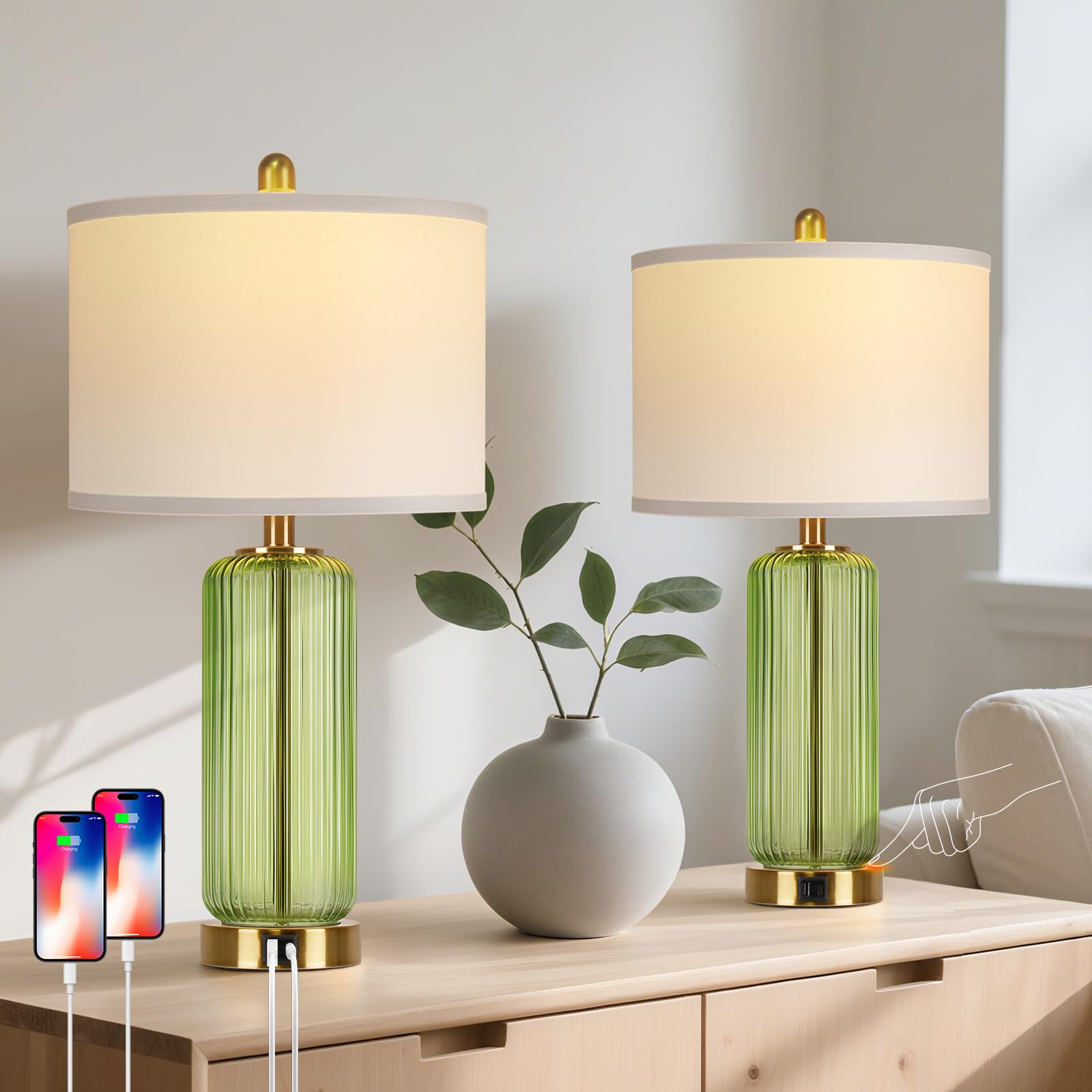 WIHTU table lamps set of 2 with vertical grained glass base for modern decor.