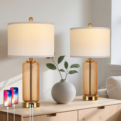 WIHTU table lamps with vertical grained glass base for a chic bedroom look