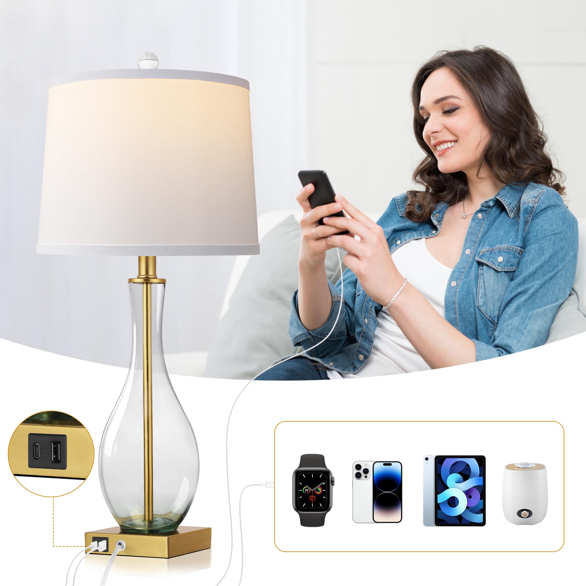 WIHTU table lamp featuring USB-C and USB-A ports for device charging.