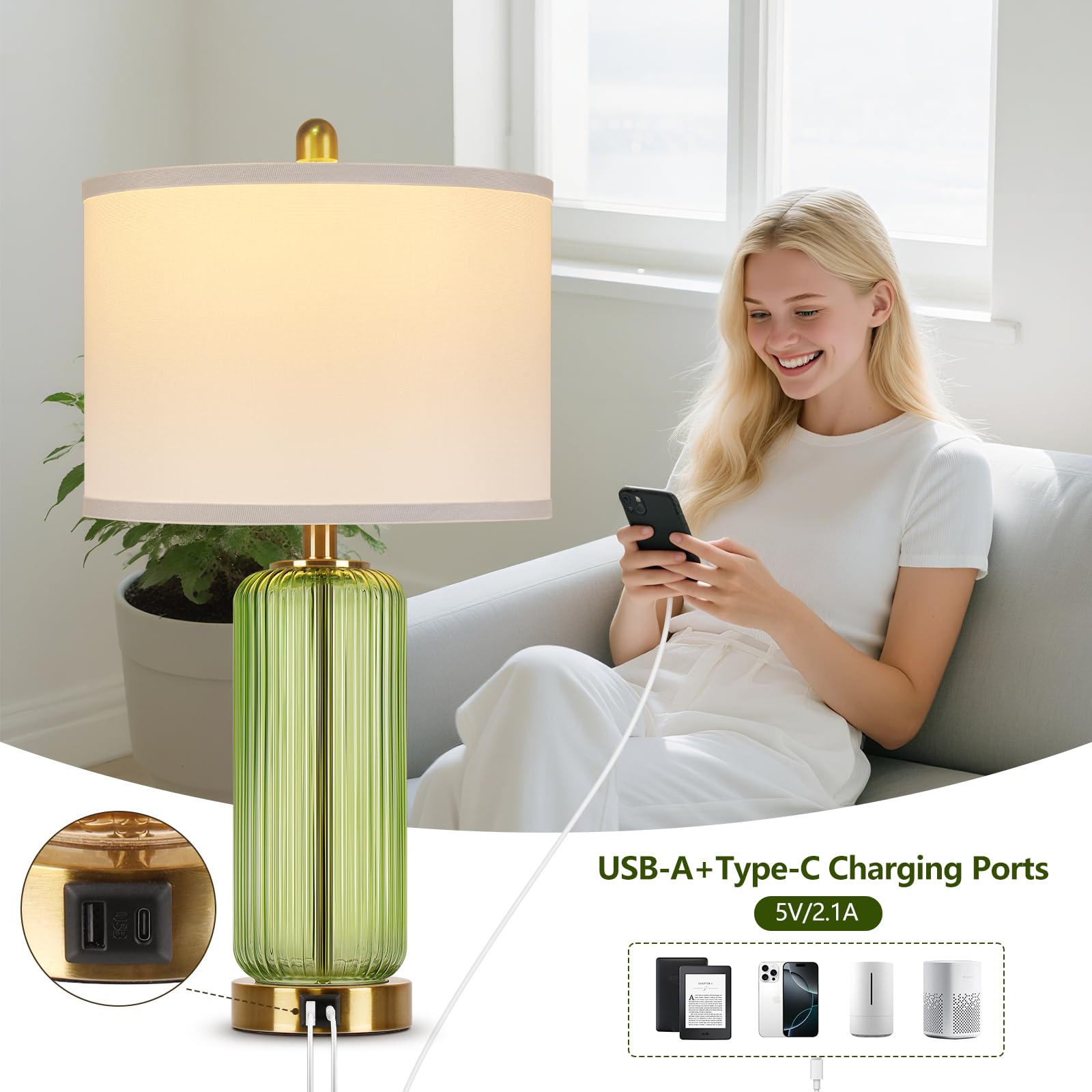 WIHTU lamp front view shows USB-C and USB-A charging ports.