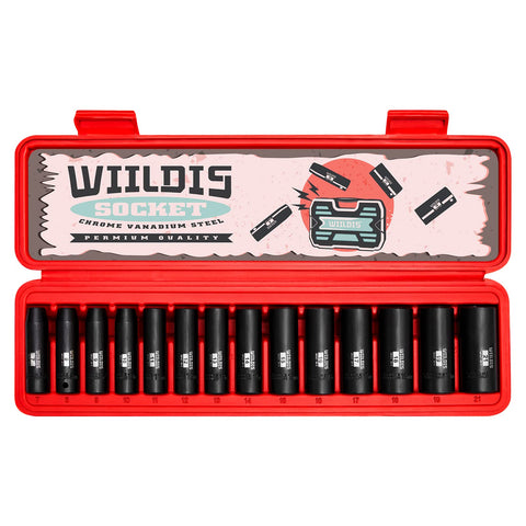 WIILDIS 14-piece 3/8-inch drive deep impact sockets from 7mm to 21mm for high-torque tasks