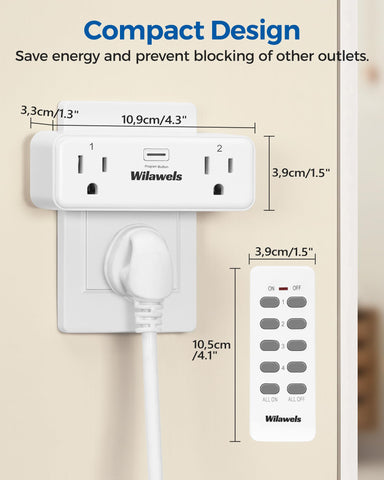 WILAWELS remote-control outlet showing 100ft RF range through walls.