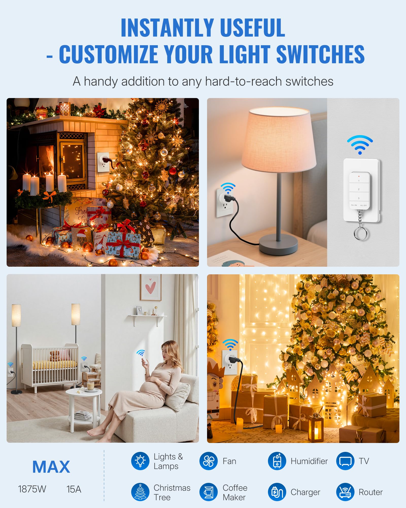 Expandable system with additional remotes and outlets for customized control.