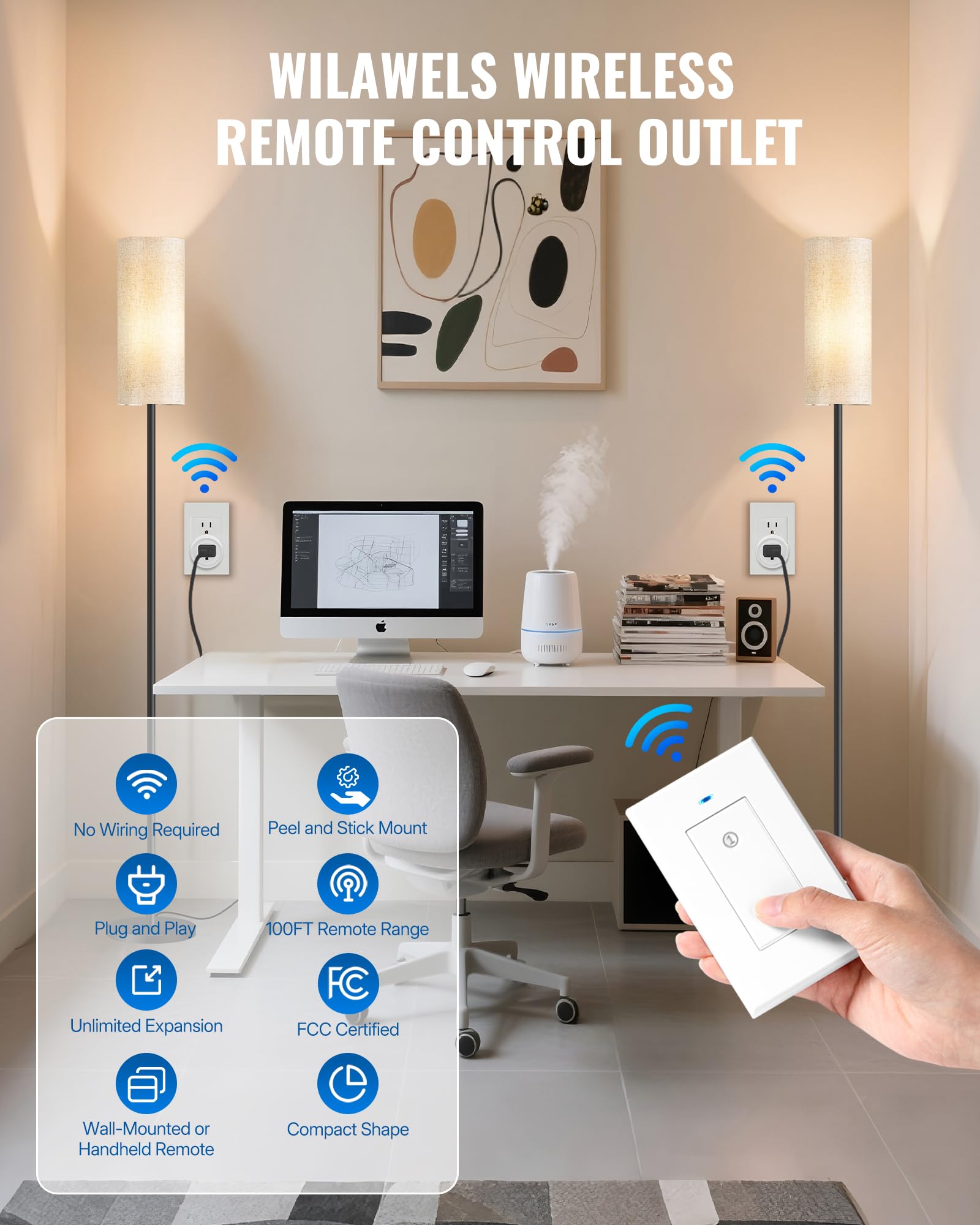 WILAWELS remote outlet close-up shows a compact, non-blocking design.