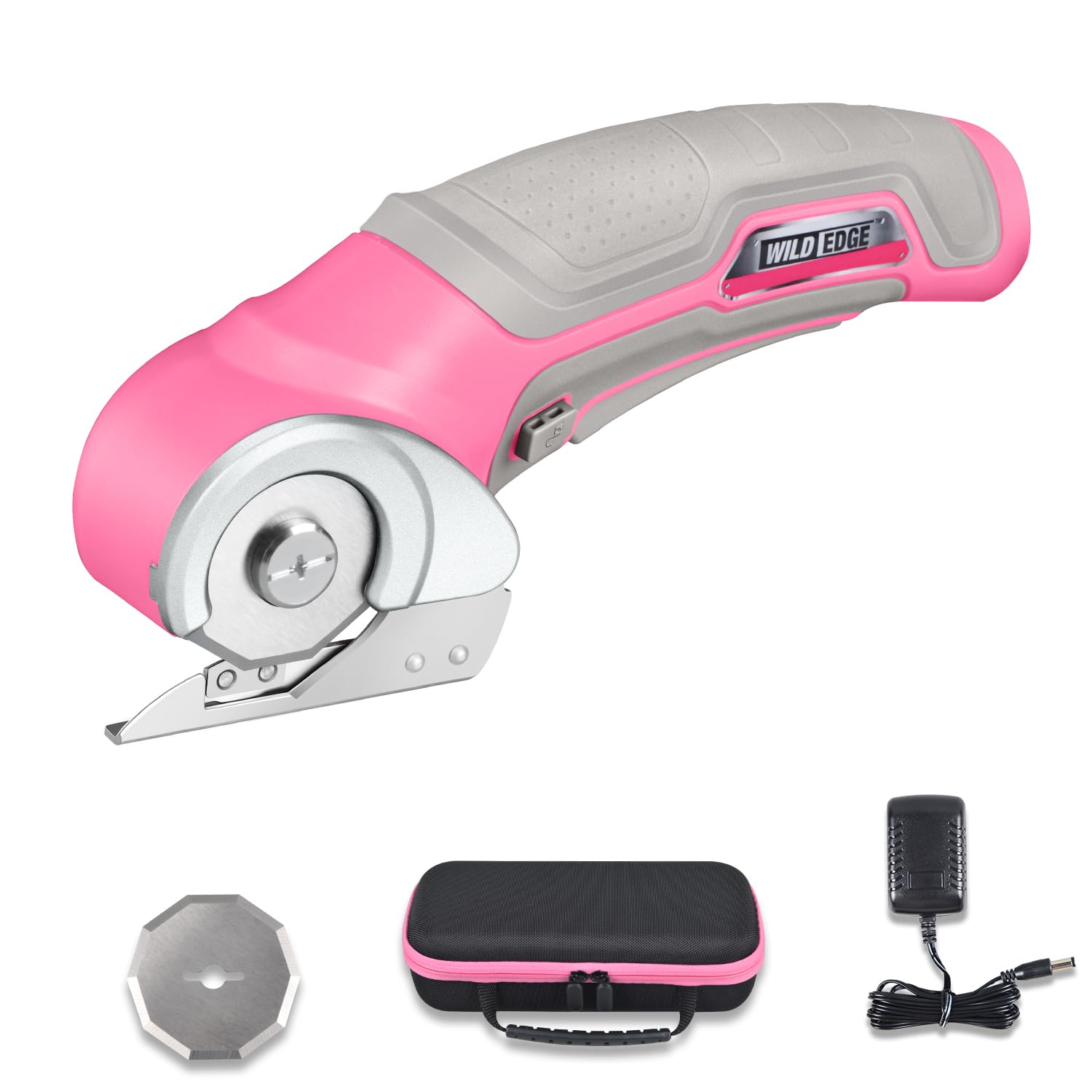 Wild Edge cordless scissors with pink handle cutting fabric and cardboard