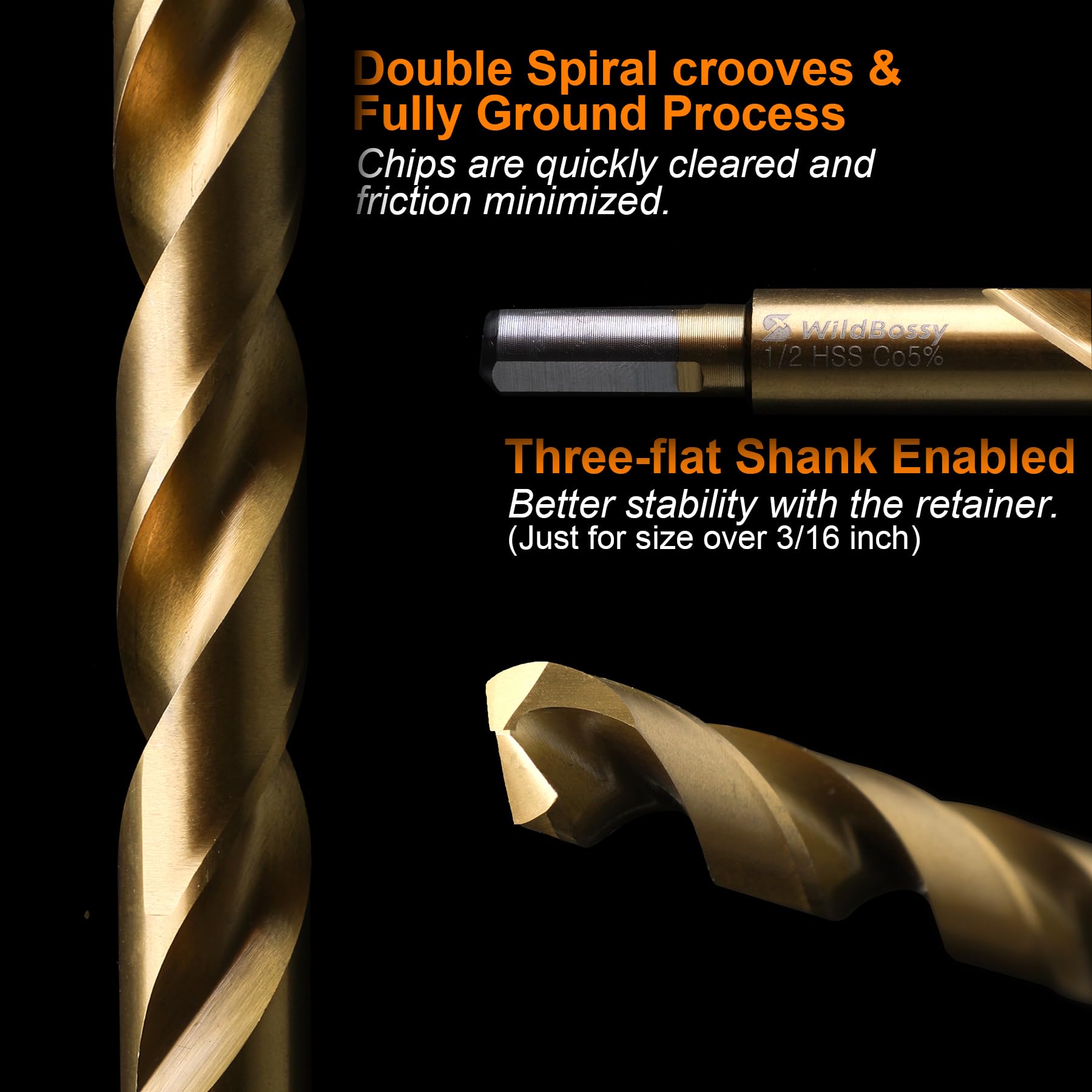 WildBossy 3-flat shank design helps prevent wandering during drilling.