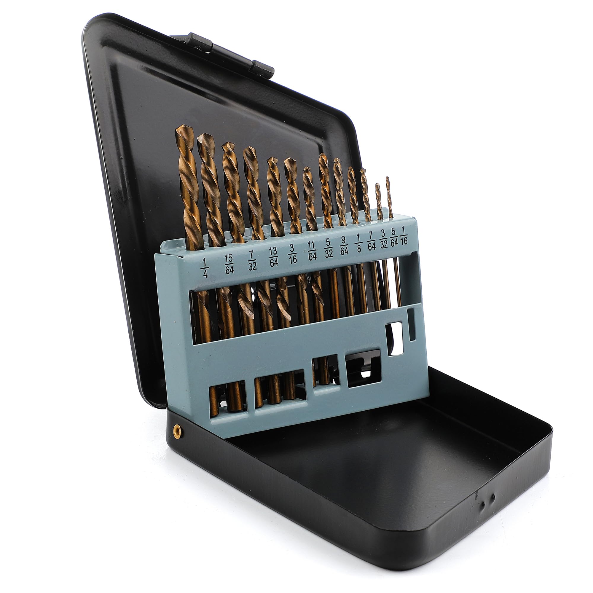 WildBossy cobalt drill bit set 13pc with 1/16–1/4 in sizes for metal drilling.