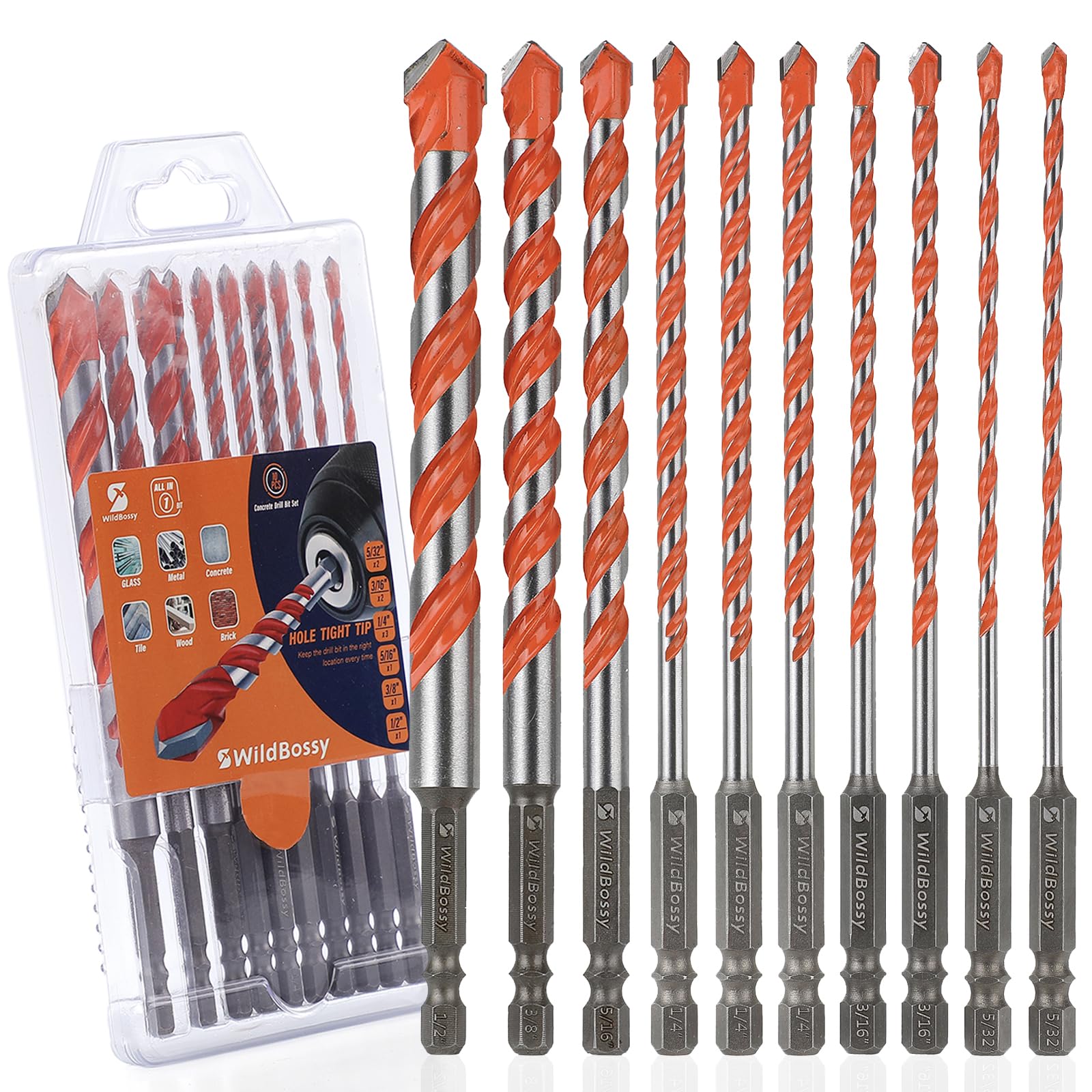 WildBossy concrete carbide drill bit set closeup showing durable NF10X tip for tough materials