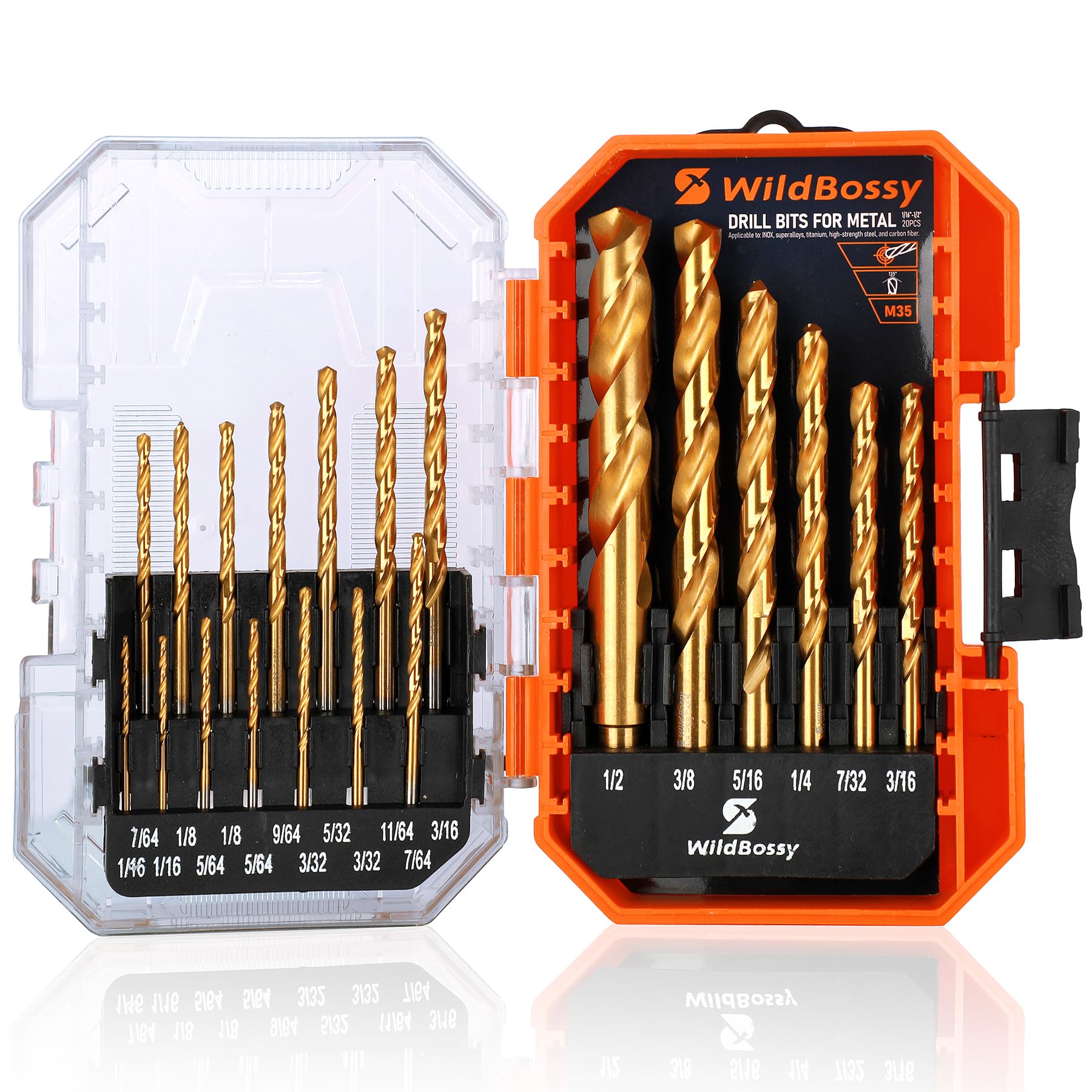 WildBossy M35 cobalt drill bits in storage case for easy organization.