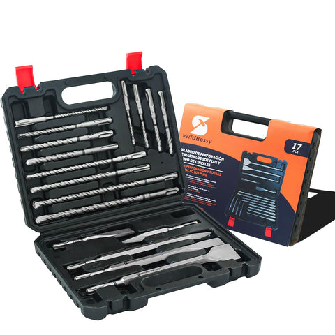WildBossy SDS Plus 17PCS drill bits set ready for tough concrete drilling.