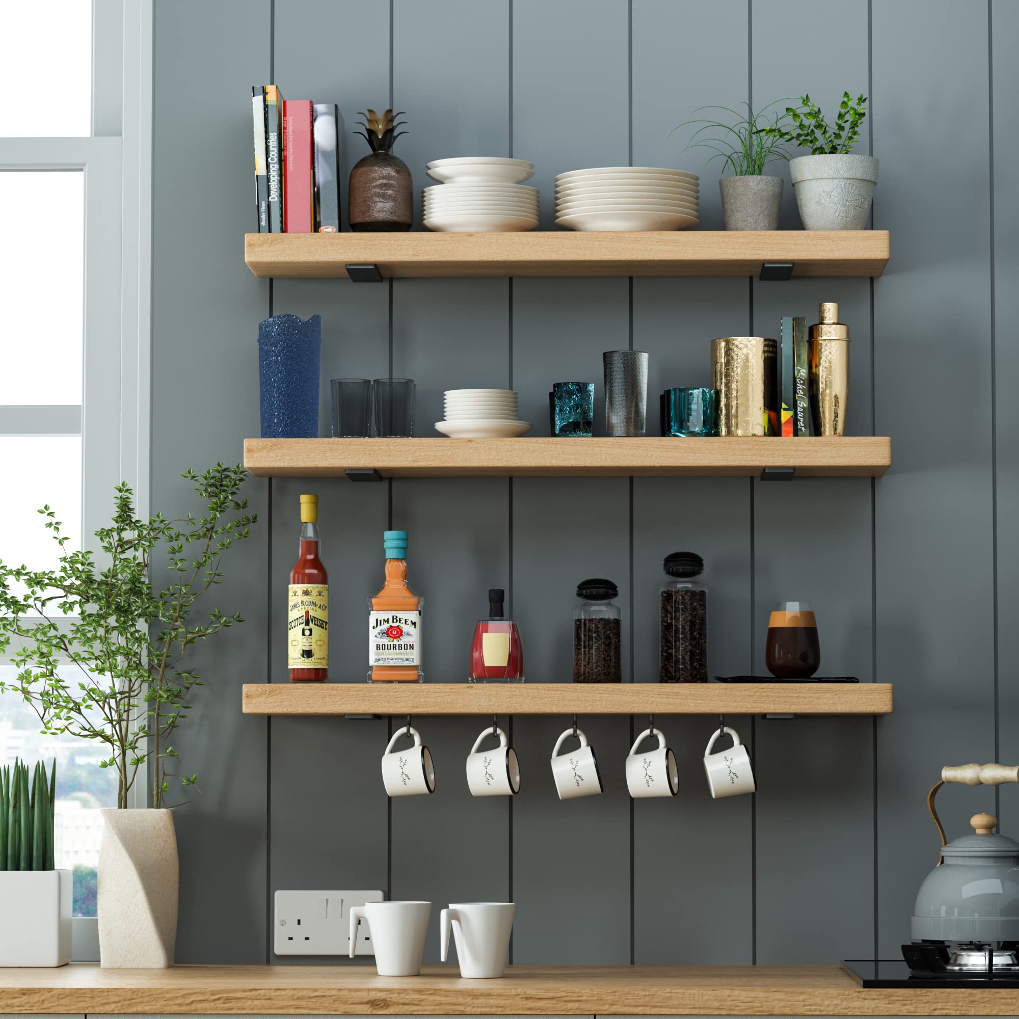 Wildnut wall-mounted shelf support keeps shelves level and secure.