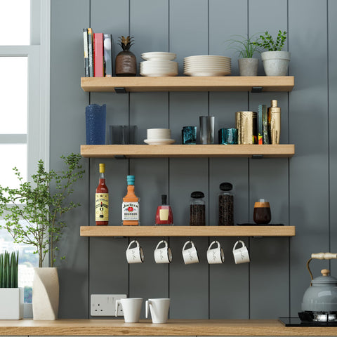 Wildnut wall-mounted shelf support keeps shelves level and secure.